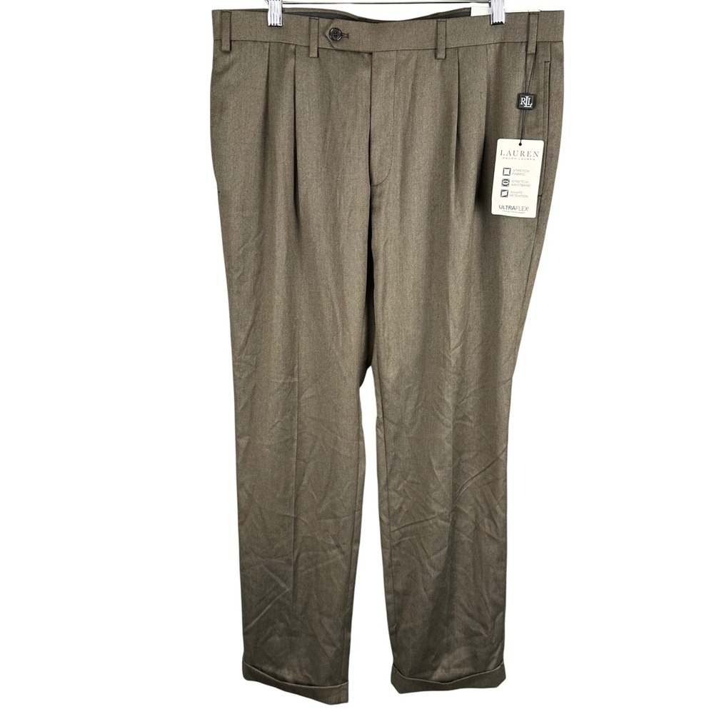 Lauren Ralph Lauren Ultraflex Pleated Dress Pants Mens 36x30 Taupe Classic NWT
